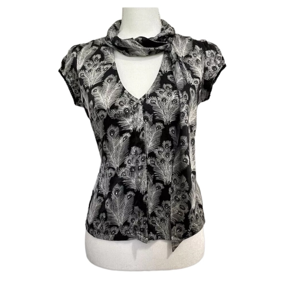 Free People Shirt Womens 0 Black Gray Peacock Feathers Silk Blouse Keyhole